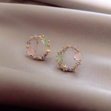Round Pink Green Crystal Stud Earrings