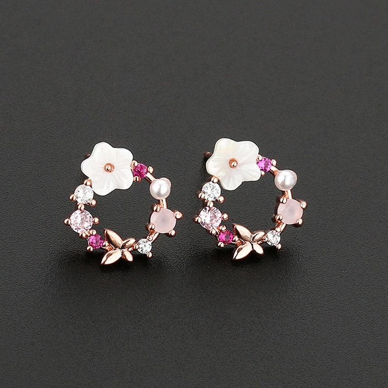 Round Pink Green Crystal Stud Earrings